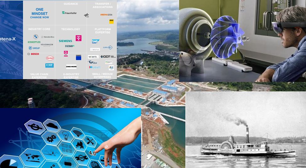 photo montage showing industry, boating, computer networks, and land.